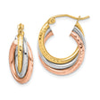 10k Yellow Gold Hoop Earrings, Tri-Color Intertwined Design with Hammered Finish