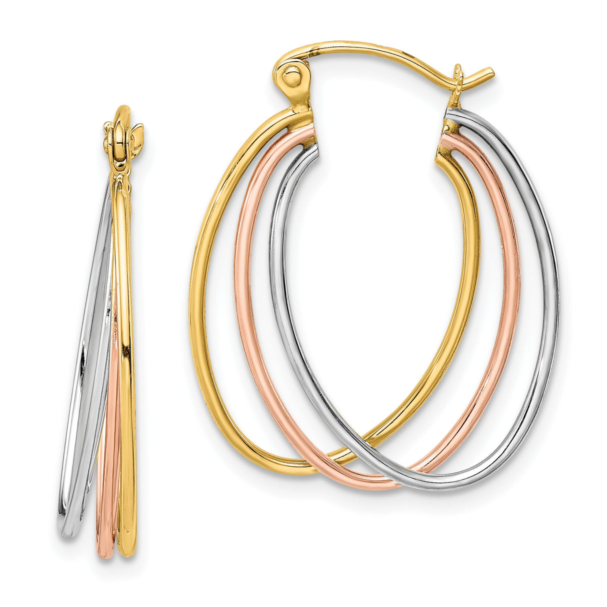 10k Tri-Color Gold Hoop Earrings, Intertwined Yellow, White, and Rose Gold Oval Design