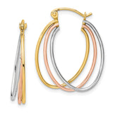 10k Tri-Color Gold Hoop Earrings, Intertwined Yellow, White, and Rose Gold Oval Design