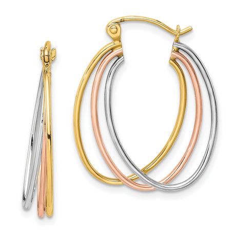 10k Tri-Color Gold Hoop Earrings, Intertwined Yellow, White, and Rose Gold Oval Design