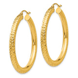 10k Yellow Gold Hoop Earrings, Textured Diamond Cut Design, Latch Back, Lightweight Round Style for Women