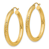 10k Yellow Gold Hoop Earrings, Textured Diamond Cut, Lightweight Classic Round Design for Women