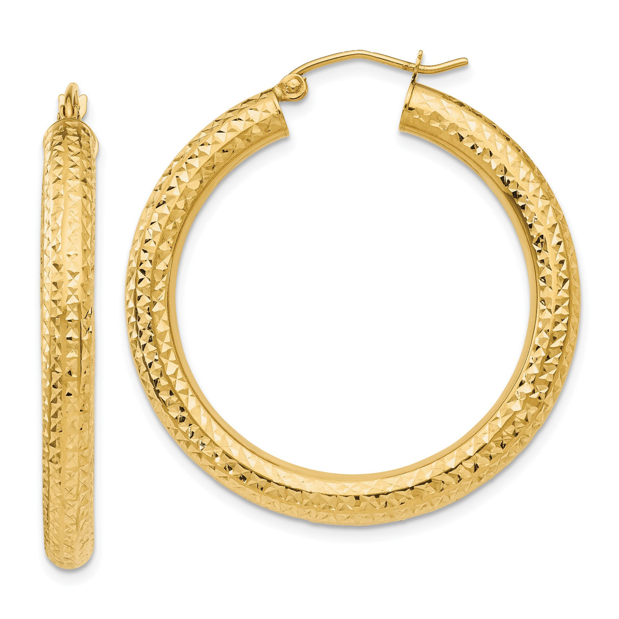 10k Yellow Gold Hoop Earrings, Textured Diamond Cut, Lightweight Classic Round Design for Women