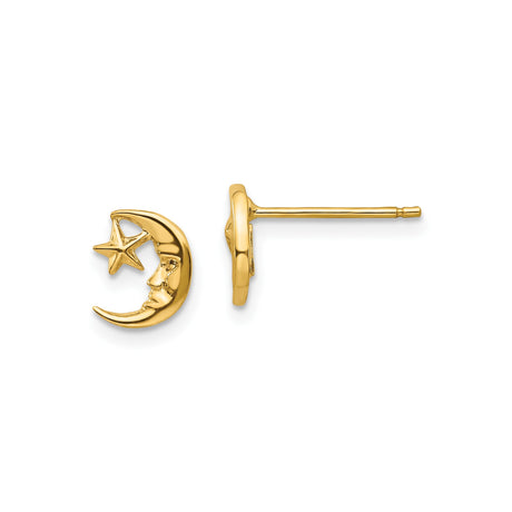 10k Yellow Gold Crescent Moon Face Stud Earrings with Star Design, Celestial Jewelry
