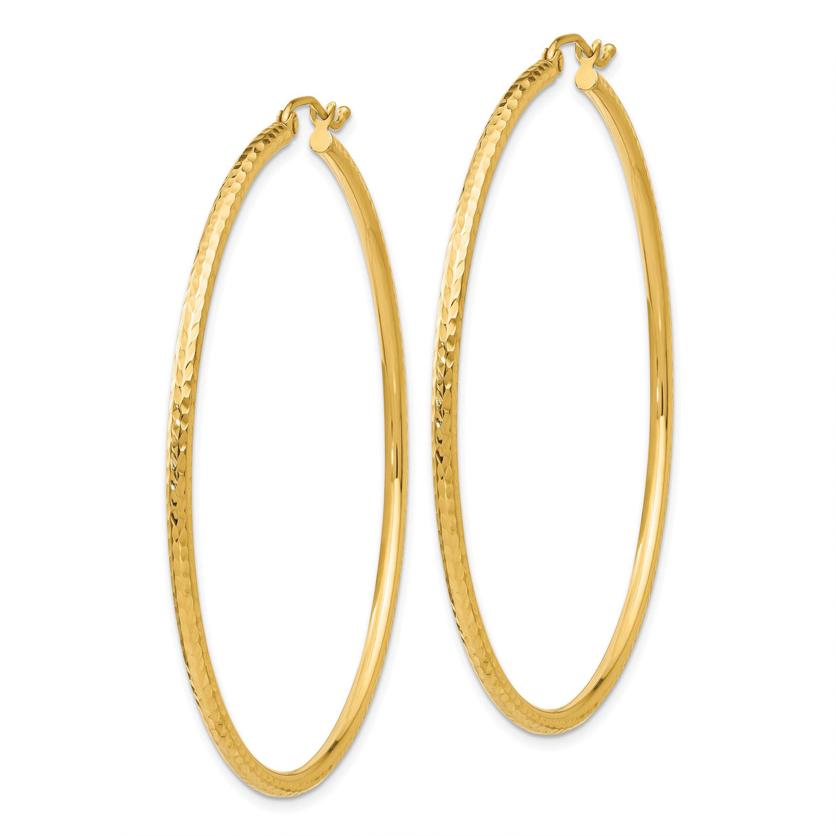 10k Yellow Gold Hoop Earrings, Large Round Hammered Texture, Lightweight High Polish Dome Style