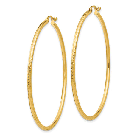 10k Yellow Gold Hoop Earrings, Large Round Hammered Texture, Lightweight High Polish Dome Style