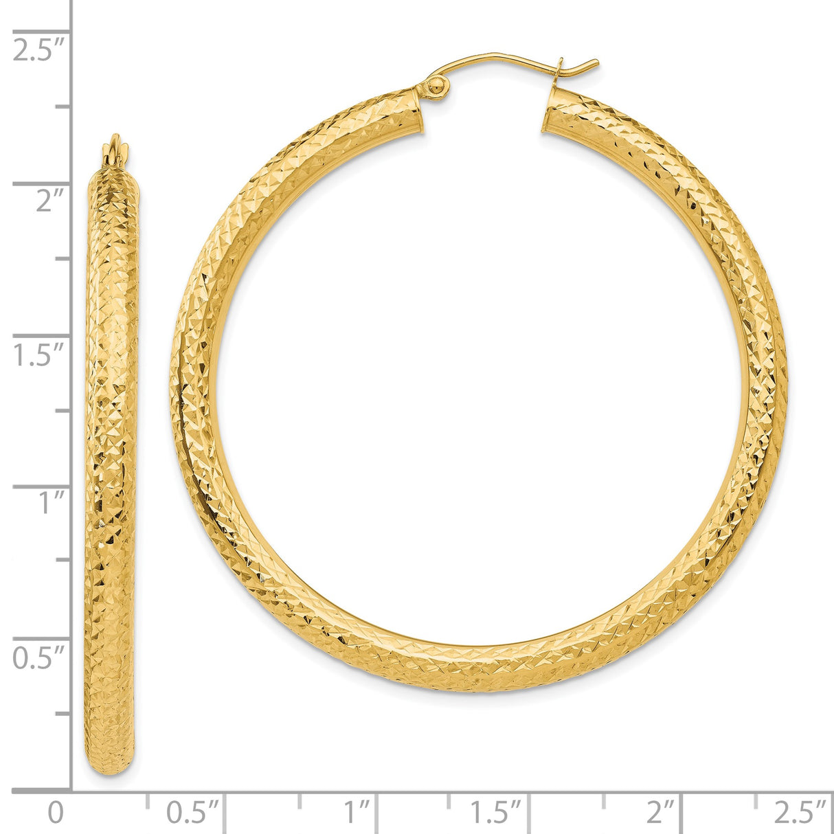 10k Yellow Gold Hoop Earrings, Textured Diamond Cut Round Design with Latch Back Closure