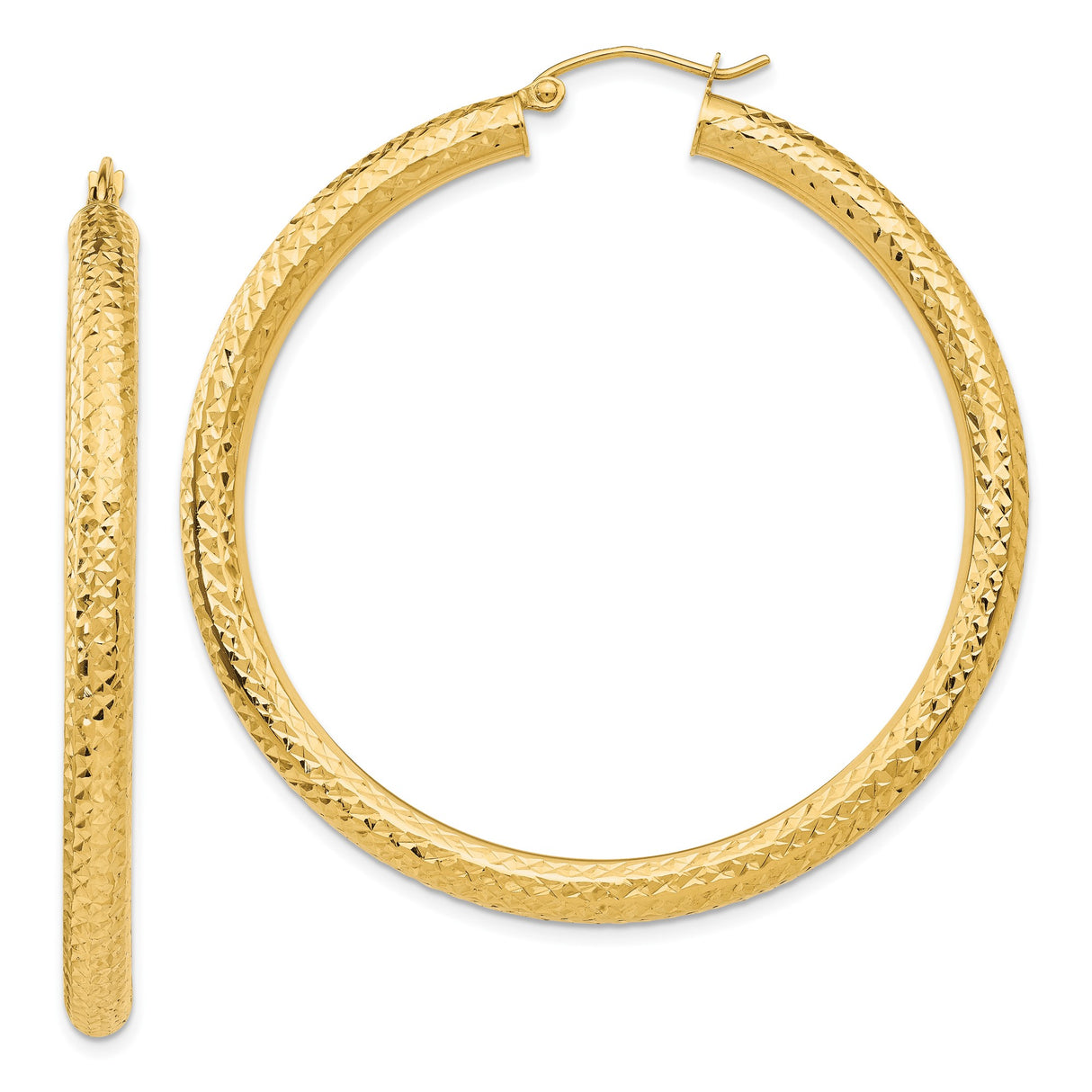 10k Yellow Gold Hoop Earrings, Textured Diamond Cut Round Design with Latch Back Closure
