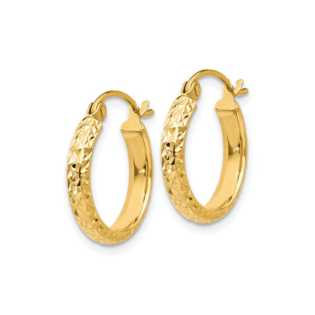 10k Yellow Gold Hoop Earrings, Diamond Cut Textured Finish, Classic Round Design