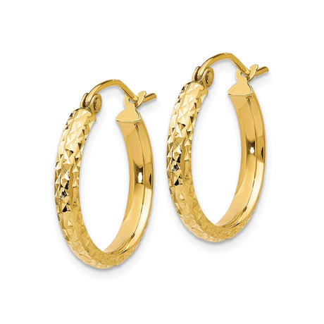 10k Yellow Gold Hoop Earrings, Diamond Cut Textured Round Design with Latch Back Closure