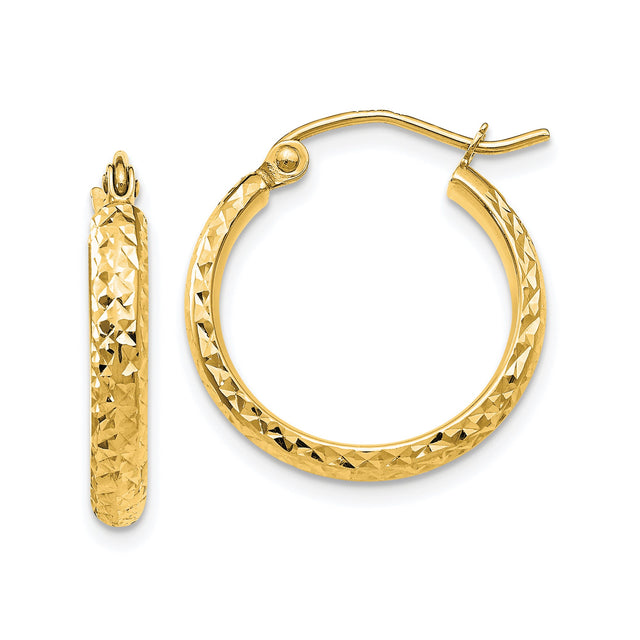 10k Yellow Gold Hoop Earrings, Diamond Cut Textured Round Design with Latch Back Closure