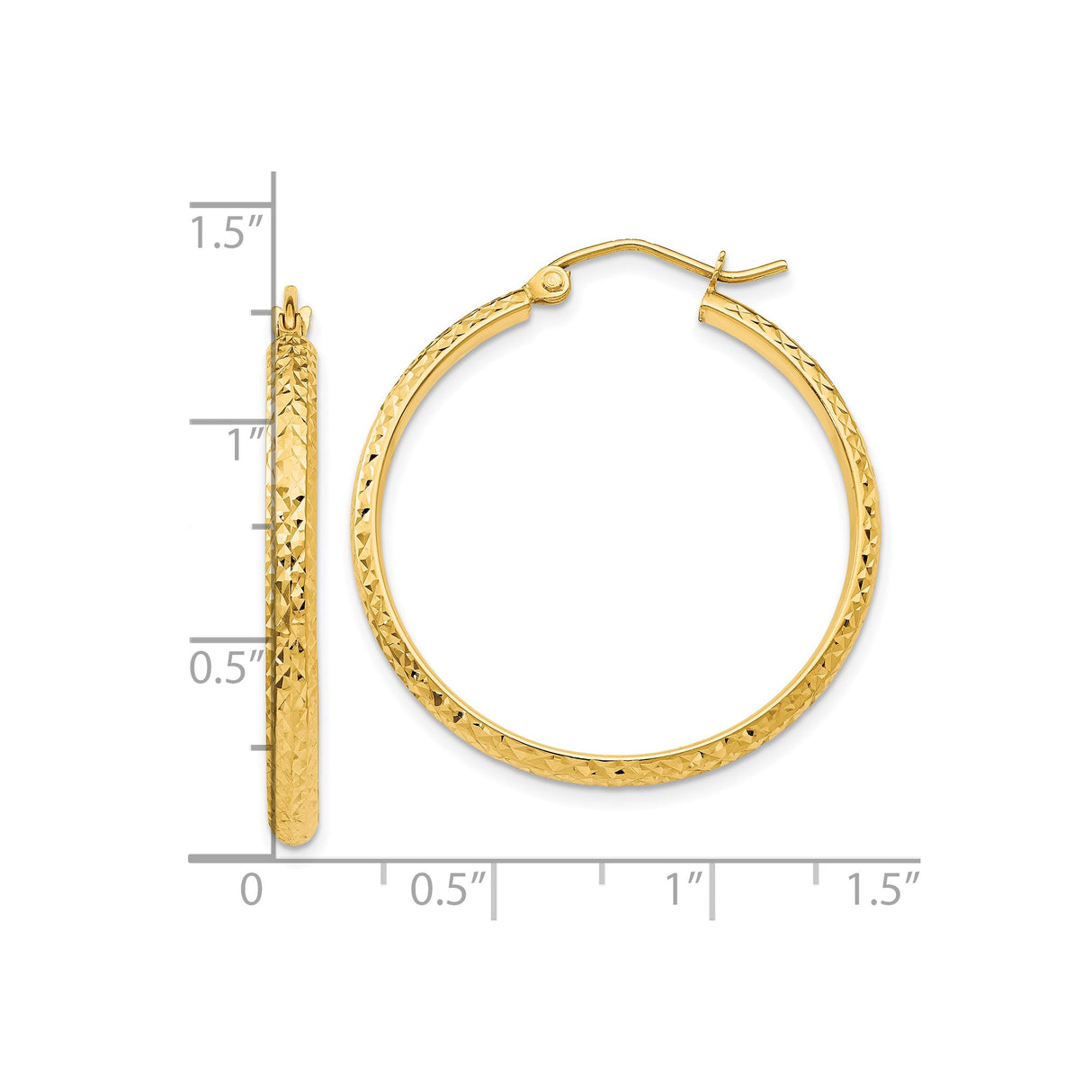 10k Yellow Gold Hoop Earrings, Diamond-Cut Textured Finish, Classic Round Design, Latch Back Closure