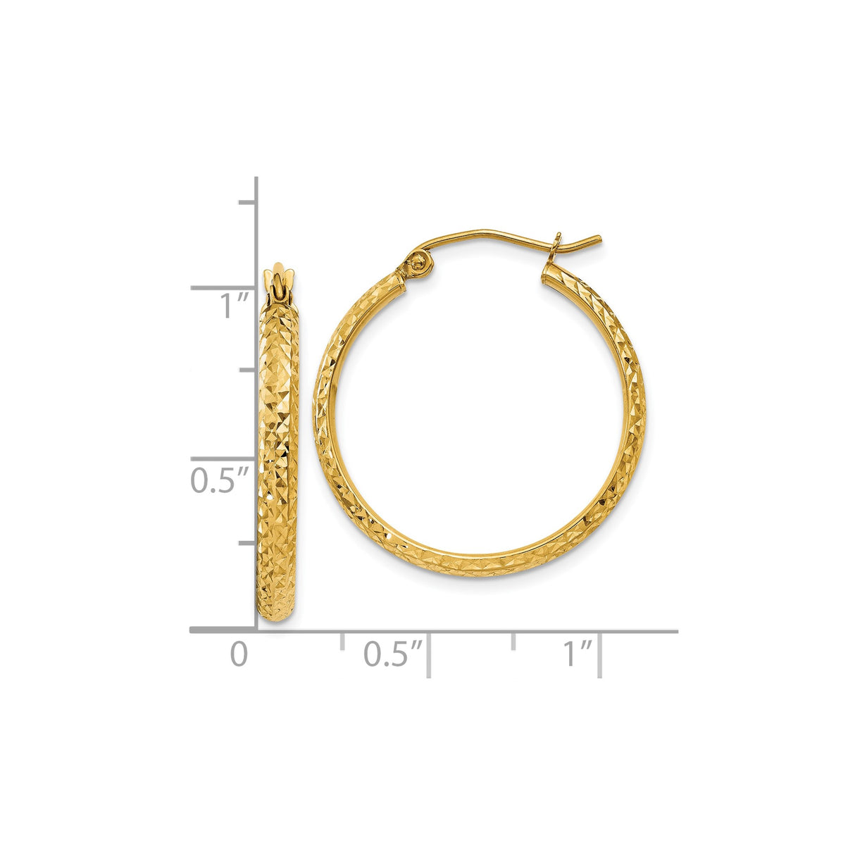 10k Yellow Gold Hoop Earrings, Diamond Cut Textured Finish, Lightweight Classic Design for Women