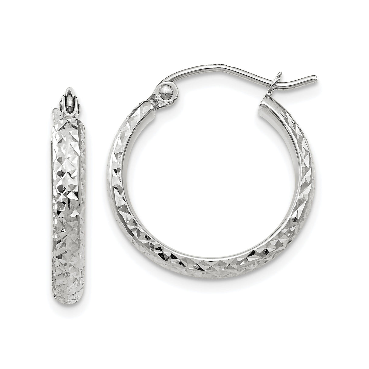 10k White Gold Hoop Earrings, Diamond Cut Textured Finish, Lightweight Classic Design