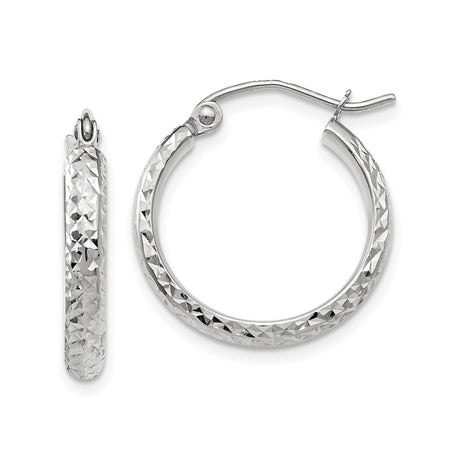 10k White Gold Hoop Earrings, Diamond Cut Textured Finish, Lightweight Classic Design