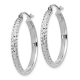 10k White Gold Hoop Earrings, Diamond Cut Lightweight Round Textured Hoops, Minimalist Classic Style