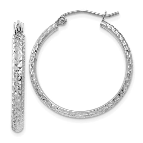 10k White Gold Hoop Earrings, Diamond Cut Lightweight Round Textured Hoops, Minimalist Classic Style