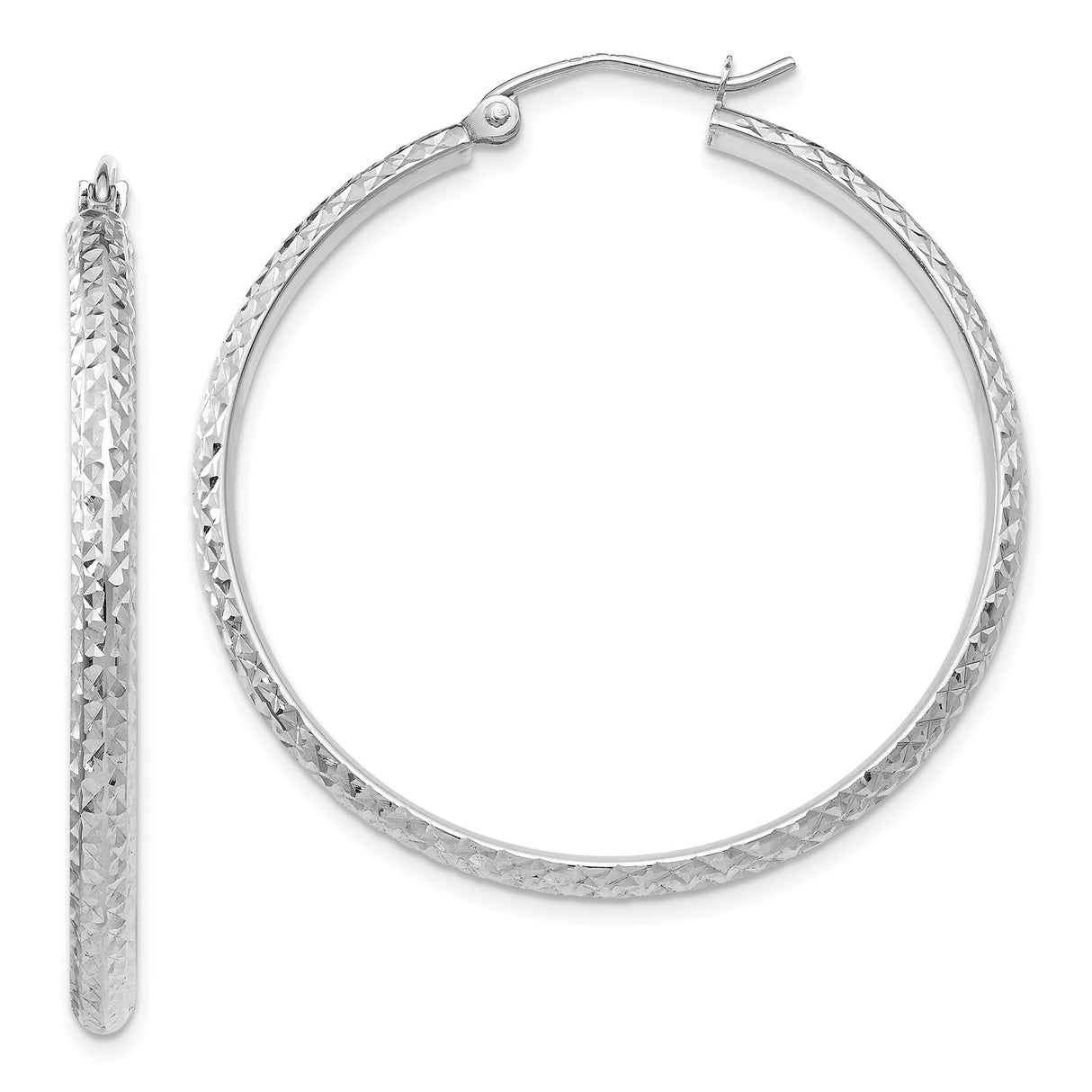 10k White Gold Hoop Earrings, Diamond Cut Textured Finish, Lightweight Hollow Design