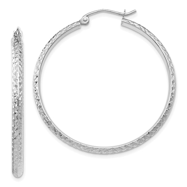 10k White Gold Hoop Earrings, Diamond Cut Textured Finish, Lightweight Hollow Design
