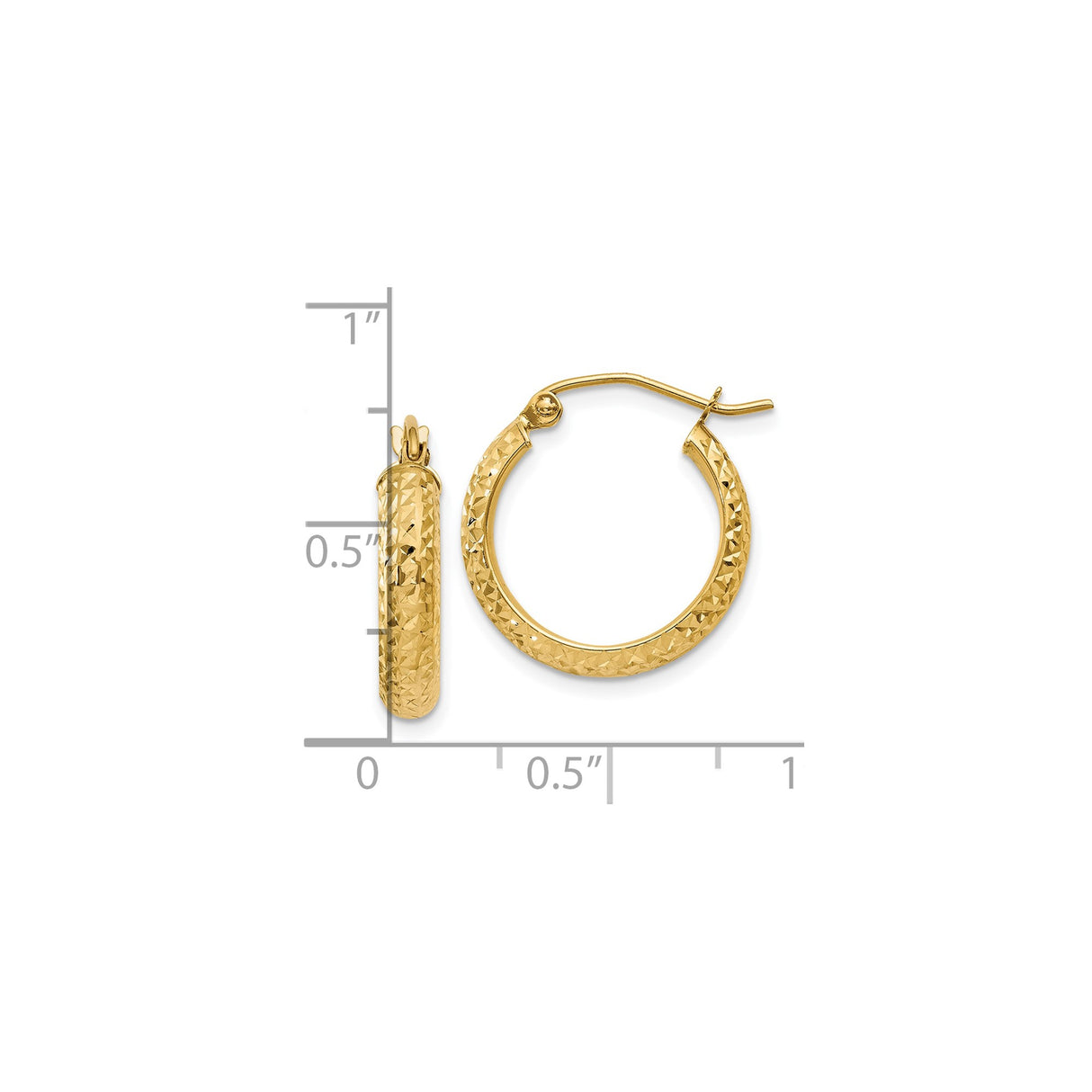 10k Yellow Gold Hoop Earrings, Diamond Cut with High Polish Textured Finish, Latch Back Closure