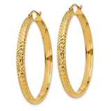 10k Yellow Gold Hoop Earrings, Textured Diamond Cut Design, Medium Lightweight Round Style