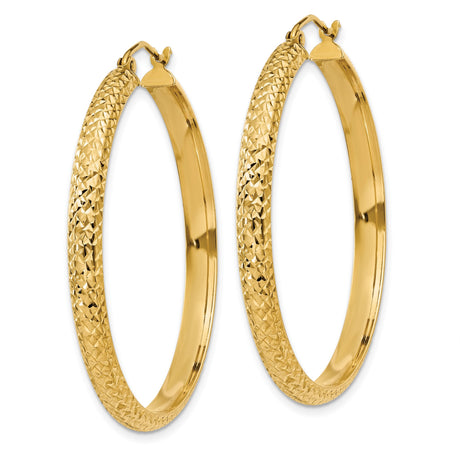 10k Yellow Gold Hoop Earrings, Textured Diamond Cut Design, Medium Lightweight Round Style