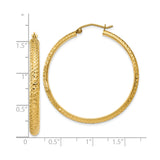 10k Yellow Gold Hoop Earrings, Textured Diamond Cut Design, Medium Lightweight Round Style
