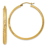 10k Yellow Gold Hoop Earrings, Textured Diamond Cut Design, Medium Lightweight Round Style