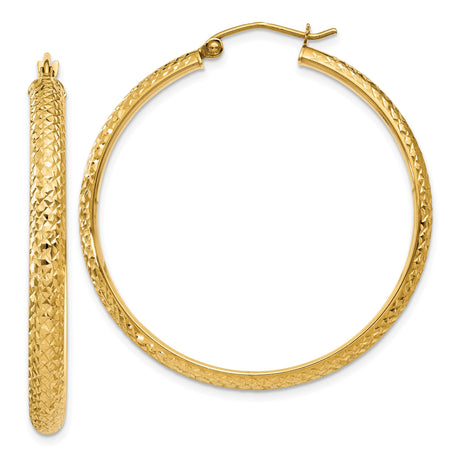 10k Yellow Gold Hoop Earrings, Textured Diamond Cut Design, Medium Lightweight Round Style