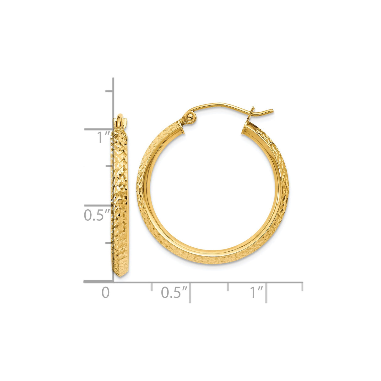 10k Yellow Gold Hoop Earrings, Textured Diamond Cut Finish, Round Hinged Clasp, Lightweight Design