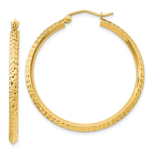 10k Yellow Gold Hoop Earrings, Textured Round Design with Diamond Cut Finish, Lightweight and Hollow