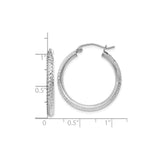 10k White Gold Hoop Earrings, Diamond Cut Textured with Polished Finish, Medium Size