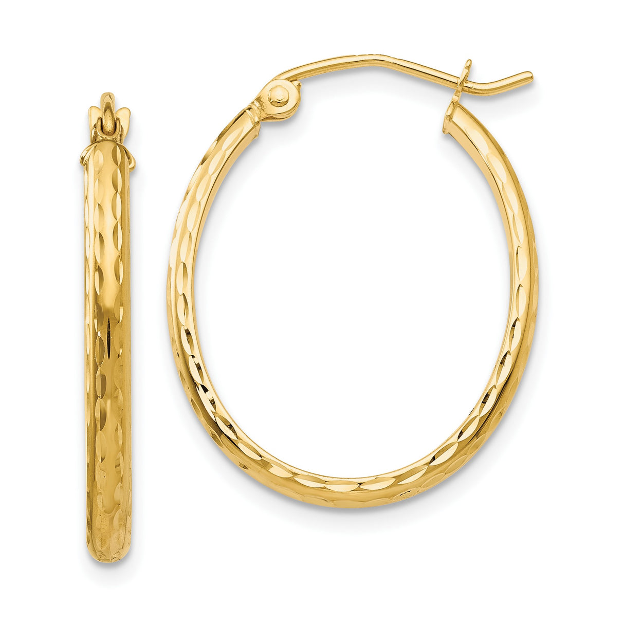10k Yellow Gold Hoop Earrings, Diamond Cut Textured Oval Hoops, Polished Finish, Lightweight Design