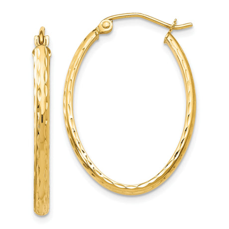 10k Yellow Gold Oval Hoop Earrings, Polished Diamond Cut Lightweight Textured Hoops
