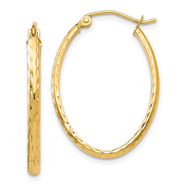10k Yellow Gold Oval Hoop Earrings, Polished Diamond Cut Lightweight Textured Hoops