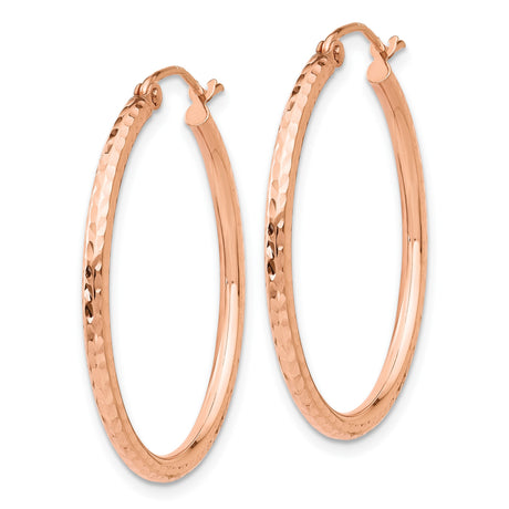 10k Rose Gold Hoop Earrings with Hammered Texture and Polished Finish, Lightweight Latch Back