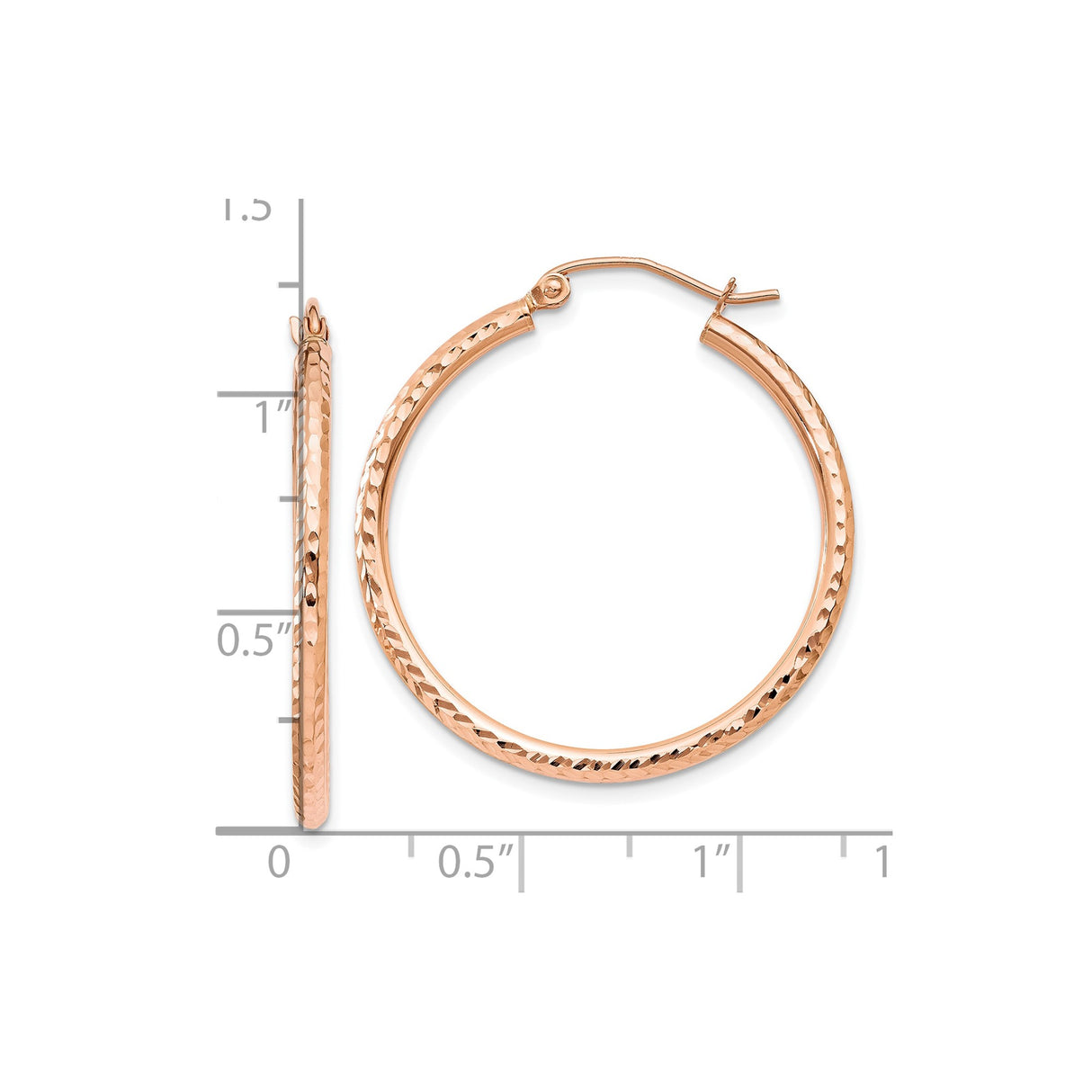 10k Rose Gold Hoop Earrings with Hammered Texture and Polished Finish, Lightweight Latch Back