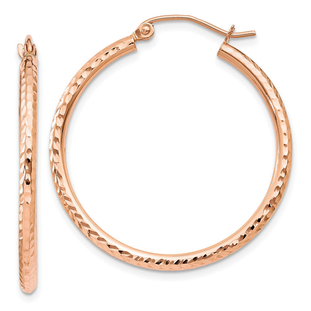 10k Rose Gold Hoop Earrings with Hammered Texture and Polished Finish, Lightweight Latch Back