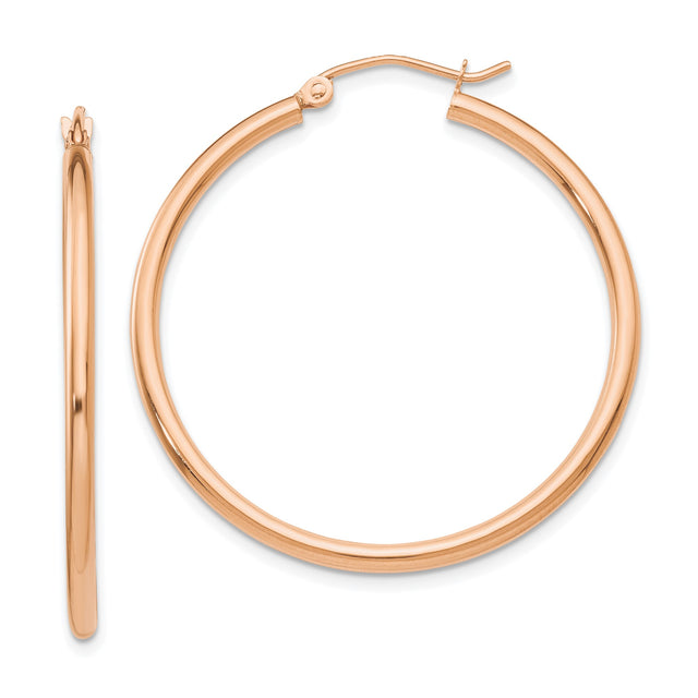 10k Rose Gold Hoop Earrings, Polished Round Tube Design, Lightweight Minimalist Style for Women