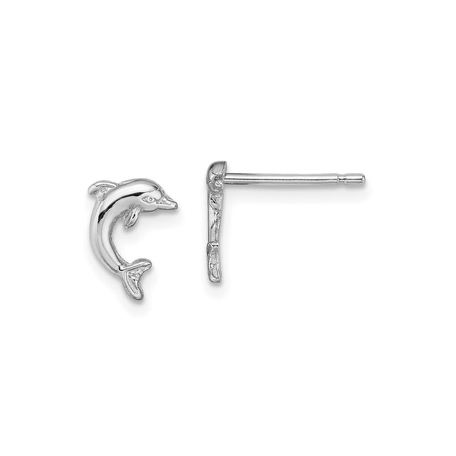 10k White Gold Dolphin Stud Earrings, Jumping Marine Life Design for Women