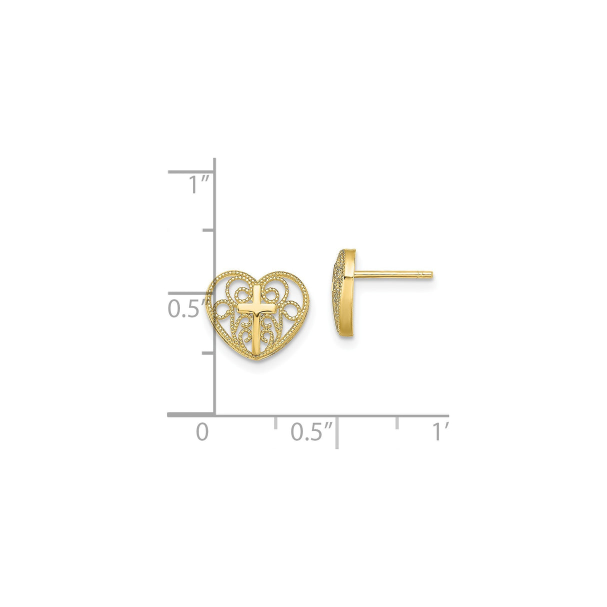10K Yellow Gold Cross Heart Stud Earrings Beaded Milgrain