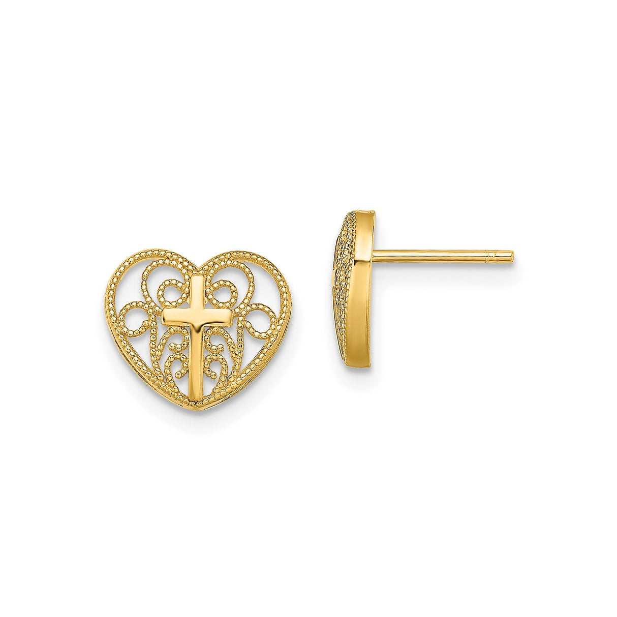 10k Yellow Gold Cross Heart Stud Earrings for Men and Women with Filigree Openwork Design, Beaded Milgrain Border, Spiritual Faith Jewelry, Timeless Religious Symbolic Style for Everyday Wear
