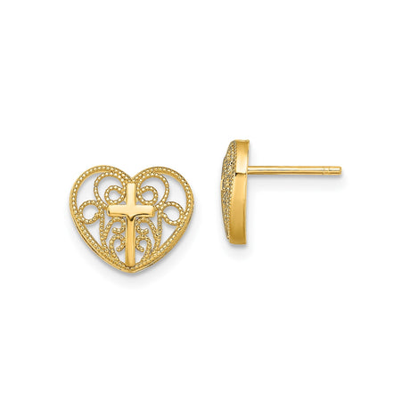 10k Yellow Gold Cross Heart Stud Earrings for Men and Women with Filigree Openwork Design, Beaded Milgrain Border, Spiritual Faith Jewelry, Timeless Religious Symbolic Style for Everyday Wear