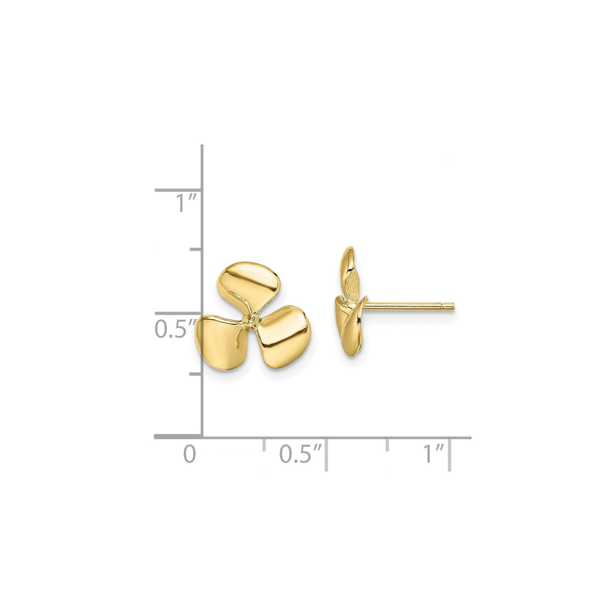 10k Yellow Gold Propeller Stud Earrings, Three Blade Design, Nautical Theme for Women