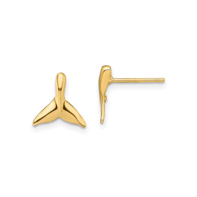 10k Yellow Gold Whale Tail Earrings, Nautical Marine Life Studs for Women