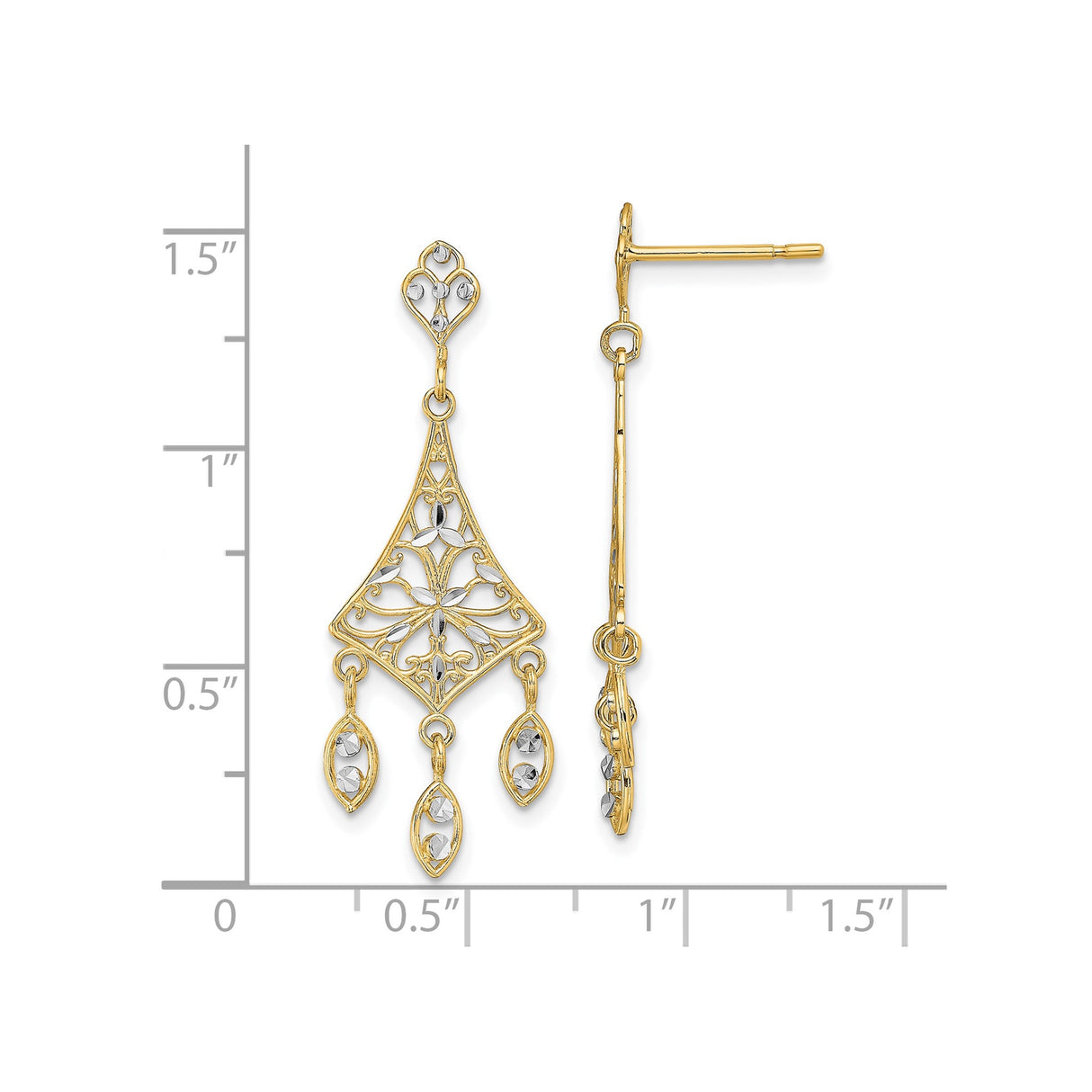10k Yellow Gold Dangle Earrings, Rhodium Filigree Teardrop Floral Chandelier Design
