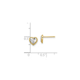 10k Yellow Gold Heart Stud Earrings, Faceted Textured Design with Rhodium Finish and Beaded Border