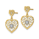10k Yellow Gold Dangle Earrings with Rhodium Accented Heart and Filigree Scrollwork Design