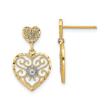 10k Yellow Gold Dangle Earrings with Rhodium Accented Heart and Filigree Scrollwork Design