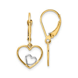 10k Yellow Gold Dangle Earrings with Double Open Heart Design, Two-Tone Rhodium Finish